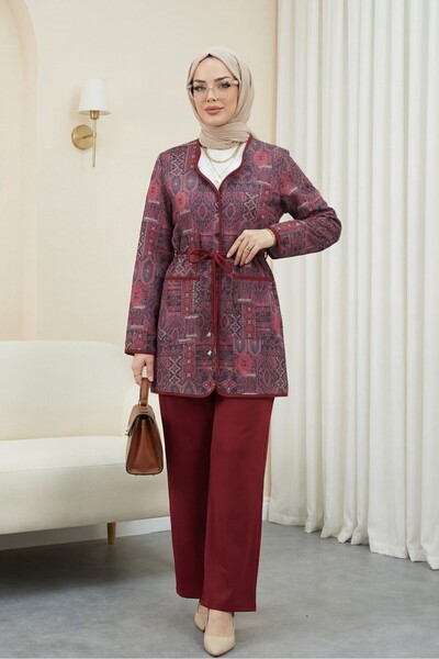 Modamorfo Tie-Waist Double Pocket Patterned Scuba Suit - Burgundy