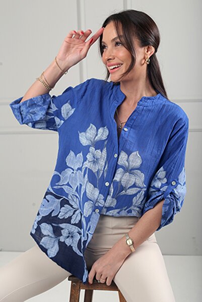 By Saygı Γυναικείο ιταλικό λινό πουκάμισο oversized με λουλούδια στο τελείωμα...