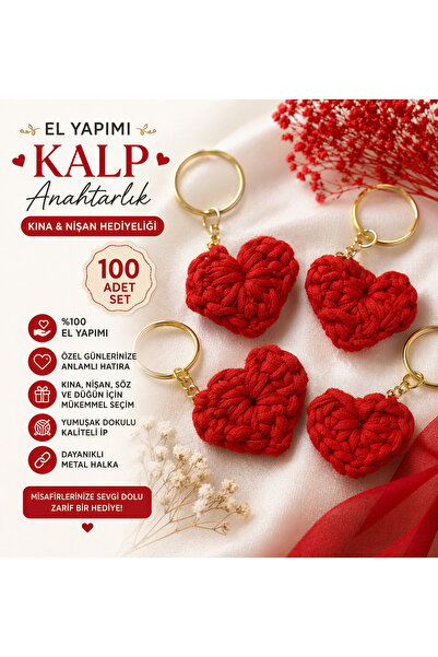 mymomsstitch 100 Adet Örme Kırmızı Kalp Anahtarlık, Söz, Nişan, Düğün, Doğum ...