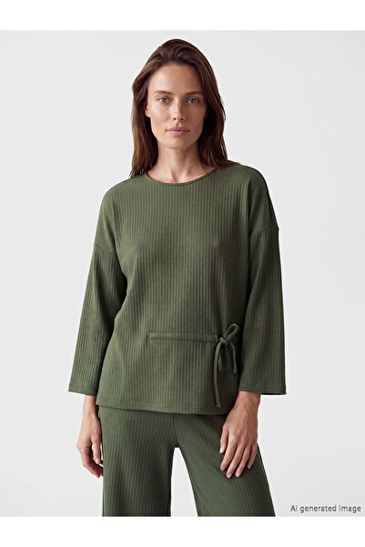 LC Waikiki Lcw Grace Khaki Crew Neck Side Tie Blouse