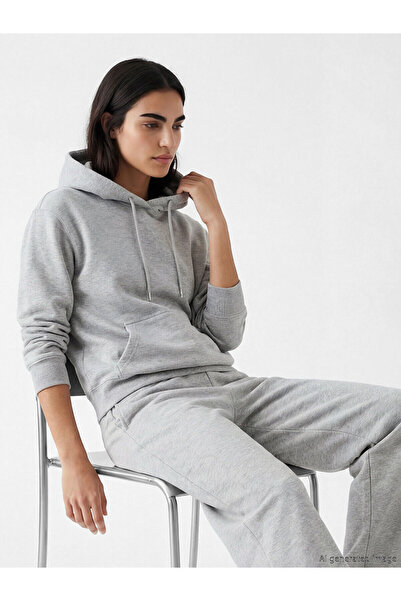 LC Waikiki Lcw Vision Gray Oversize Women's Thick Hoodie with Nevavm Differen...