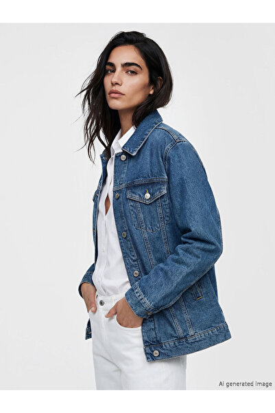 LC Waikiki Nevavm Shirt Collar Oversize Women's Jean Jacket with a Difference