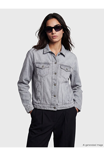 LC Waikiki Nevavm with a Difference Lcw Vision Gray Shirt Collar Oversize Wom...