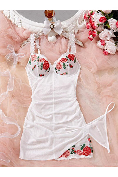 JInsh Women Floral Embroidery White Lingerie Dress Sheer Mesh Lace Trim Night...