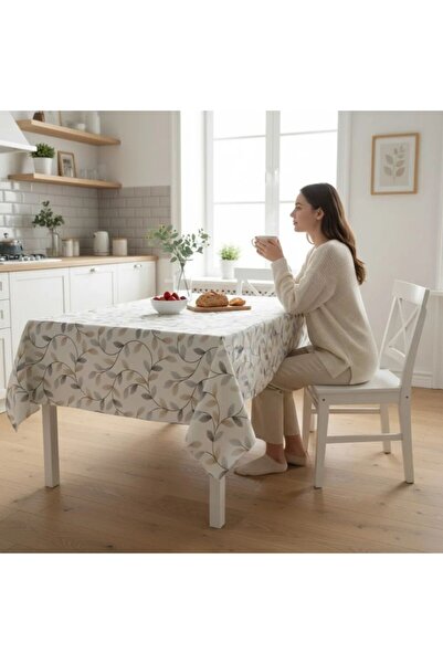 Lenjerii Deosebite Teflon-coated tablecloth 160x220 cm, Leaves grey/beige