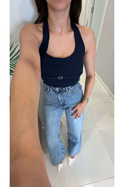 BİRCANÇİL Nullas Navy Blue Halter Neck Blouse with Buckle Detail