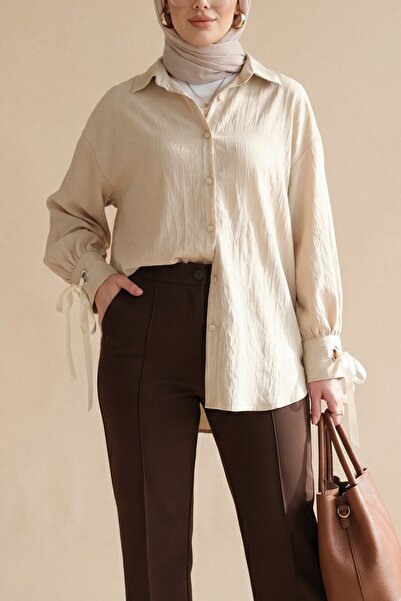 Modamorfo Lace-Up Sleeve Striped Pattern Strawberry Shirt -Beige