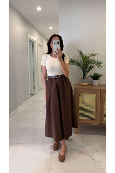 BİRCANÇİL Καφέ κοντομάνικο φόρεμα με ζώνη Tunase