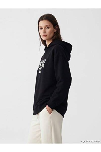 LC Waikiki Lcw Modest Hooded New York Printed Women's Sweatshirt Tunic