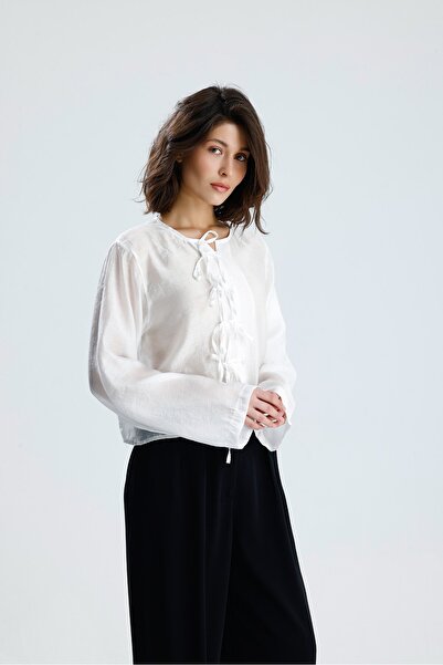 minaaise Women's White Tencel Fabric Blouse with Lace Detail and Buttons 31043