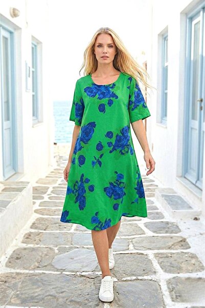 MODANI SEÇ Green Floral Round Neck Short Sleeve Midi Dress