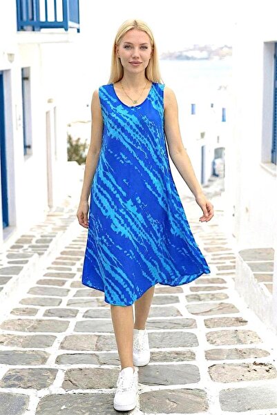 MODANI SEÇ Saks Blue Line Patterned Thick Strap Midi Dress