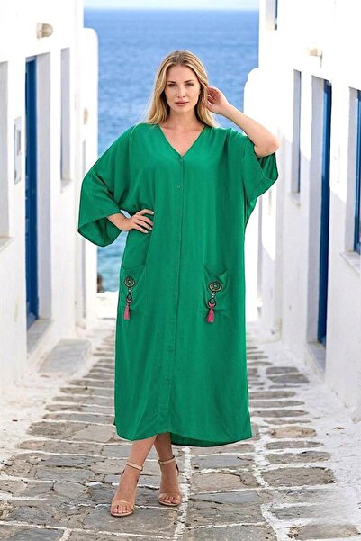 MODANI SEÇ Green V-Neck Pockets and Back Authentic Embroidered Tassels Oversi...