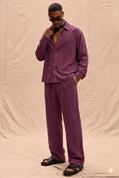 Tarz Cool Ανδρικό Σετ Πουκάμισο και Παντελόνι από Ύφασμα Tencel σε Βουργουνδί...