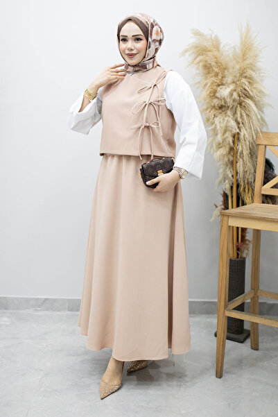 Tesettür Dünyası Σετ δύο τεμαχίων με δεμένο γιλέκο TSD260189 Μπεζ