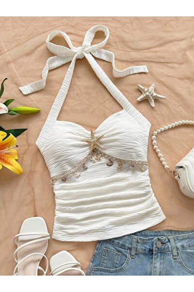 Köstebek Μπλούζα με λεπτομέρεια αστερία και σχέδιο Mermaidcore με κορδόνι περ...