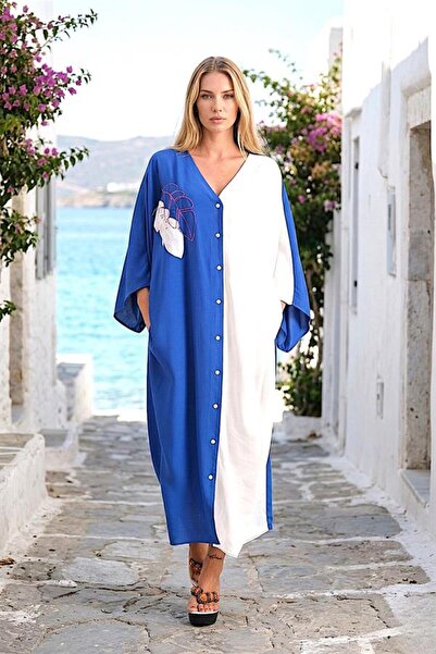 MODANI SEÇ Saks Blue Oversize Long Shirt Dress with Leaf Embroidery on the Ba...