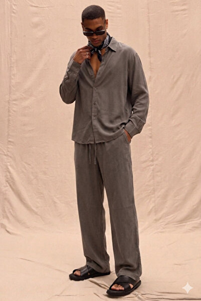 Tarz Cool Ανδρικό Σετ Πουκάμισο και Παντελόνι Oversize από Ύφασμα Χακί Tencel...