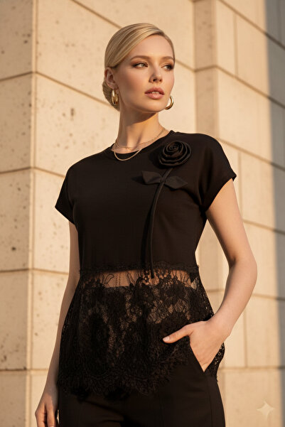 Nior Luxe Lace Floral Detailed Two-Thread T-Shirt