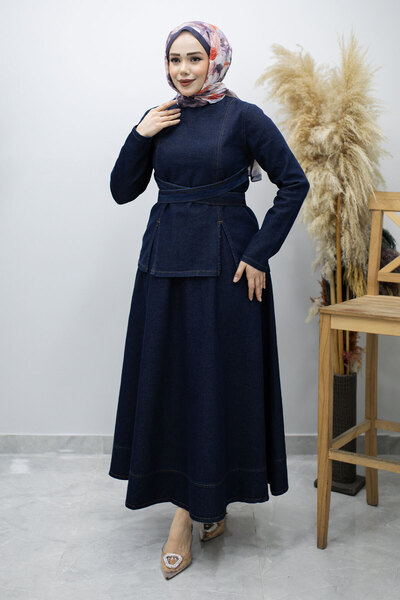 Tesettür Dünyası Σετ τζιν με φούστα που δένει στη μέση TSD260187 Σκούρο Μπλε