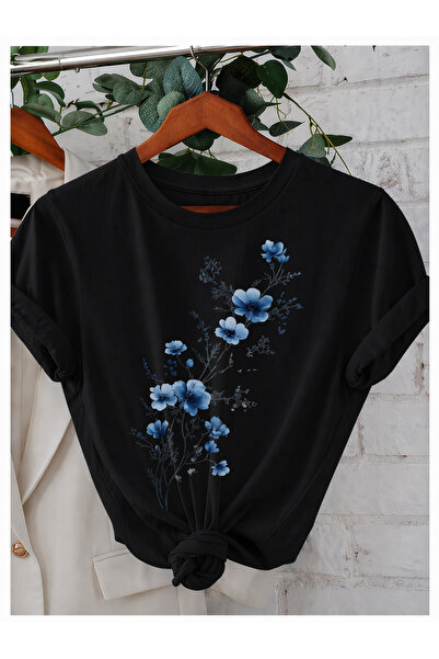 EYAX MODA Blue Flowers Printed Oversize T-Shirt / Tee-Shirt