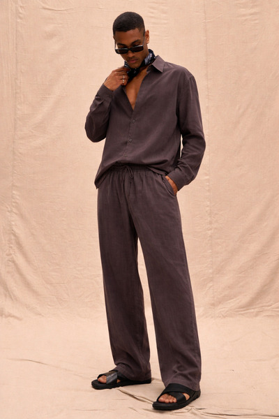 COOL TARZ Ανδρικό Σετ Πουκάμισο και Παντελόνι από Καφέ Ύφασμα Tencel Oversize...