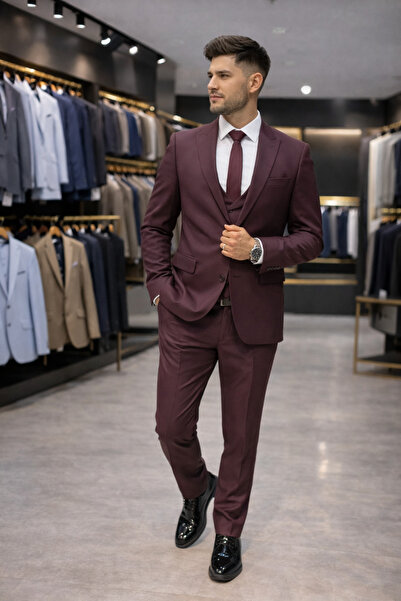 ŞIK ADAM Slim Fit Bordo Yelekli Takım Elbise