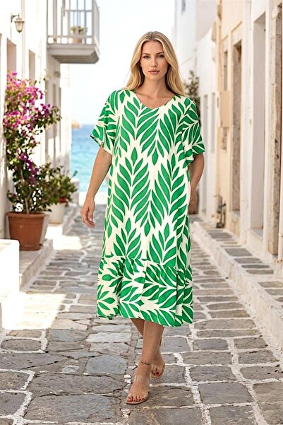 MODANI SEÇ Green Patterned V Neck Pocket Skirts Ruffle Midi Dress