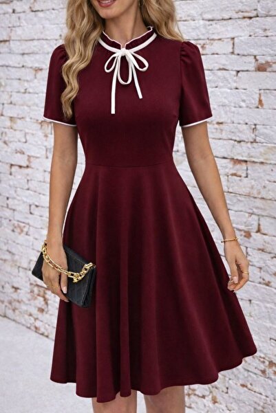 Wear Up Women's Short Sleeve Collar Lace-Up and Ruffled Midi Janjan Crepe Dress