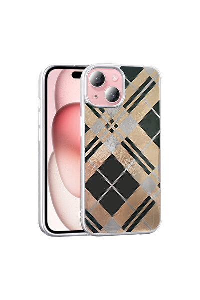 UnDePlus Apple iPhone 15 Kılıf Leopar Kurdele Ekose Desenli Mep Kapak