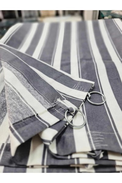 DEVRİM OLİVYA TEKSTİL Halkali Gray White Color Balcony Curtain with Top Ring and Side and Bottom Ties