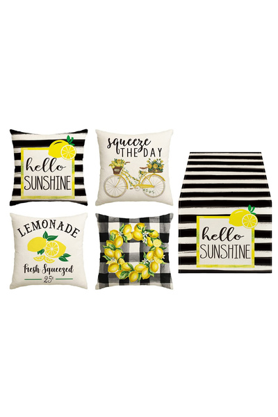 HOMESSA Lemonade Summer Themed Black Striped Decorative 4-Piece Throw Pillow ...