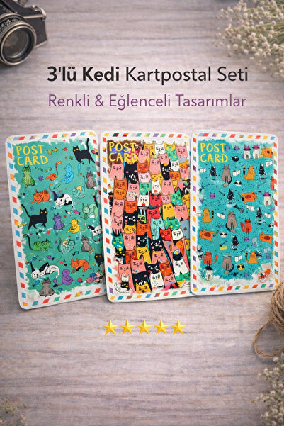 ADA KÜLTÜR 3’lü Kedi Temalı Vintage Postkart Seti