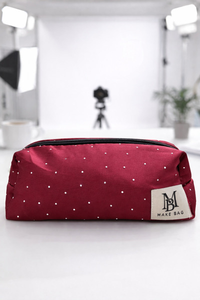 MAKE BAG BORDO BONCUKLU MAKYAJ ÇANTASI