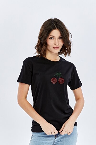 trender Tricou de damă cu imprimeu broderie și decolteu O, negru cireș
