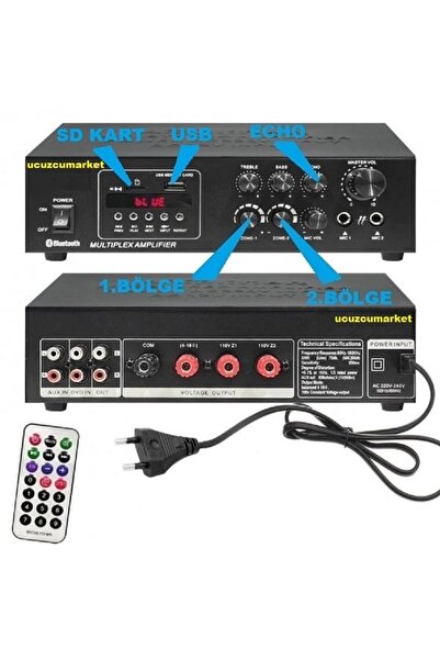 Kalite HAT TRAFOLU İKİ BÖLGELİ 2X150 WATT SESLENDİRME AMFİSİ (BLUETOOTH-USB-S...