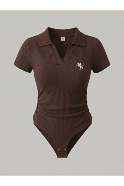 8line Brown Polo Collar Ribbed Lycra Premium Bodysuit