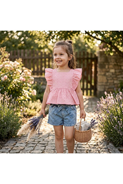 TA&CE KIDS Kız Çocuk Fisto Bluzlu ve İnci Detaylı Kot Şort 2 li Takım