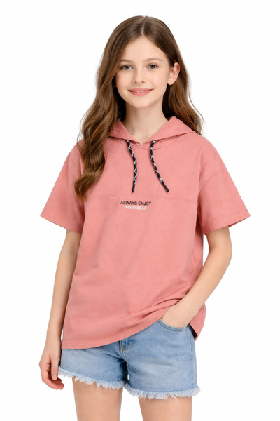 İrem Çocuk Giyim Girl's Always Text Patterned Hooded T-Shirt in Dusty Rose Color