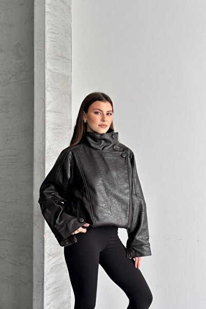 Jaglion New Season Viral Zr Dik Collar Pattern Detailed Women's Leather Jacket