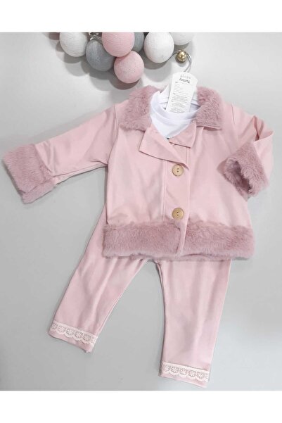 Sönmez Baby Fur-Designed Jacket, Blazer and Pants Three-Piece Girls' Baby Chi...