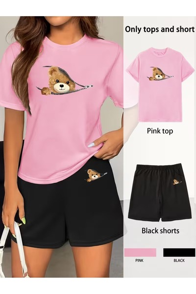 puolikuu Γυναικεία φόρμα oversized με ΣΟΡΤΣ, μπλουζάκι με στάμπα αρκουδάκι - ...