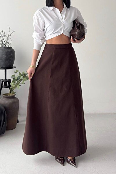 Coşkun GİYİM Women's Elastic Waist Flounce Long Skirt Brown 1063-78