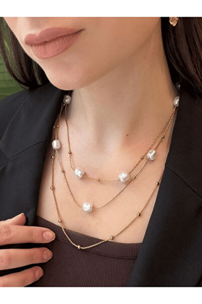 AngelsAccessories Ατσάλινο Τριπλό Κολιέ με Πέρλες