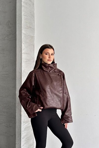 Jaglion New Season Viral Zr Dik Collar Pattern Detailed Women's Leather Jacket