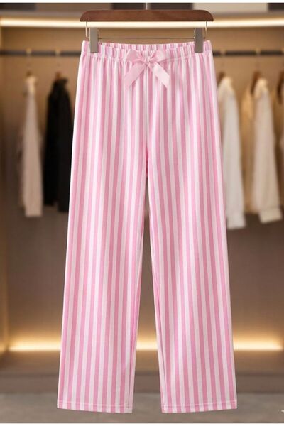 pembe beyaz çizgili beli fiyonklu pijama altı