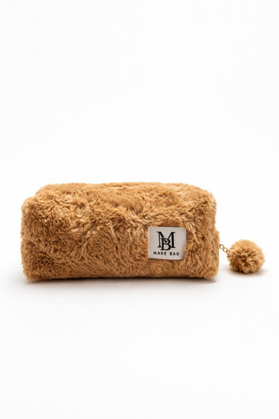 MAKE BAG Camel Peluş Ponponlu Makyaj Çantası