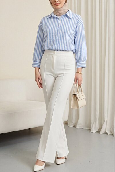 Modamorfo Πουκάμισο από λινό με ρίγες και κουμπιά στο πάτωμα - μπλε