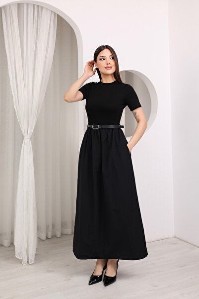 mielva Γυναικείο μαύρο κοντομάνικο φόρεμα μίντι με ζώνη