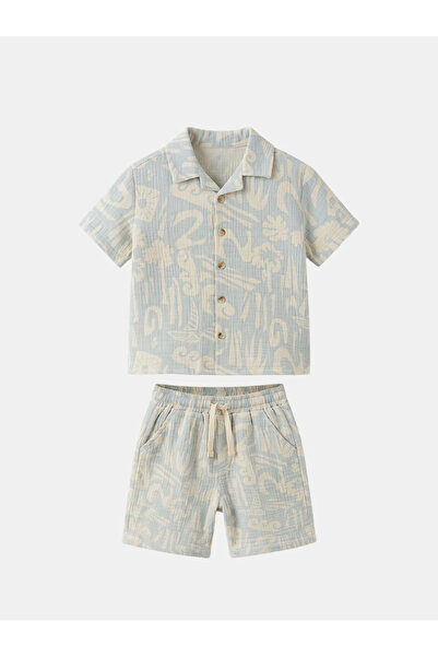 Mtcbaby Muslin Patterned Summer Golf Collar Shorts Set 3-7 Years Light Blue